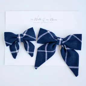 Sailor Bow Clip Or Headband / Navy Linen Window Pane