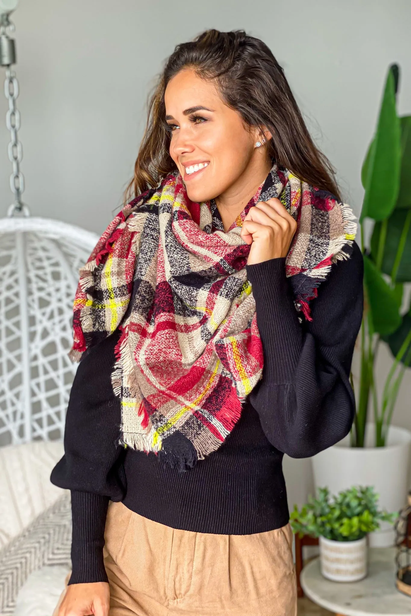 Taupe Plaid Blanket Scarf