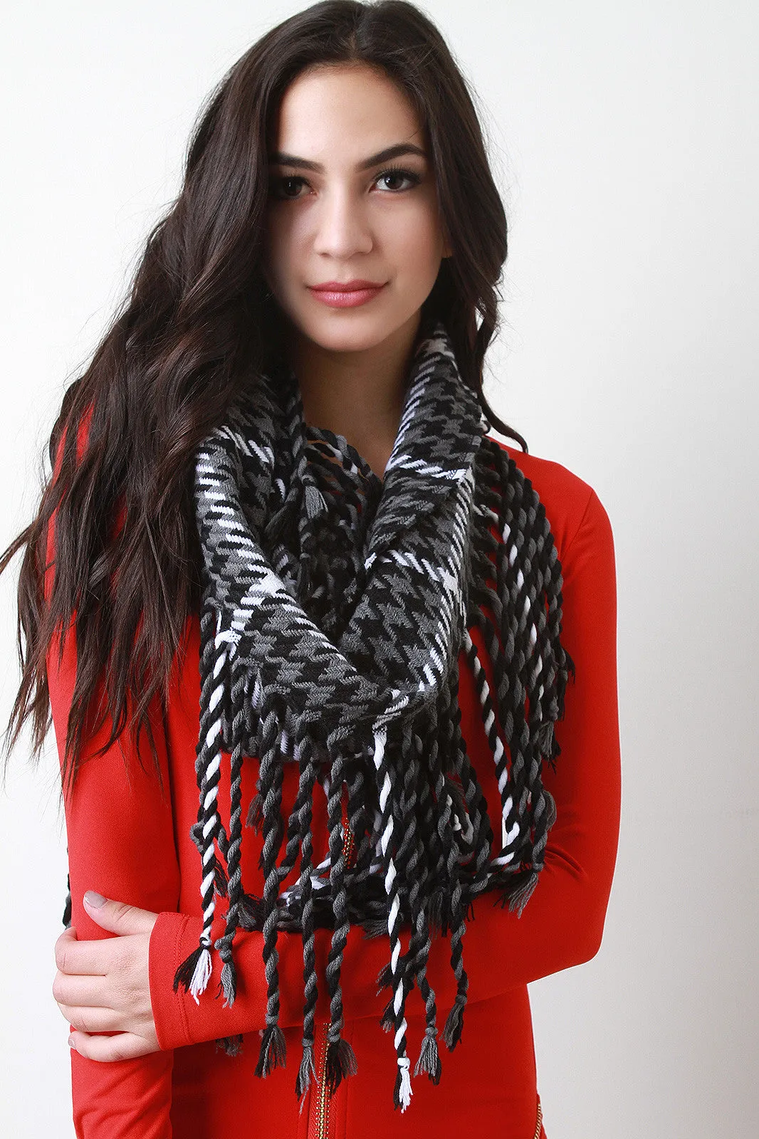 Twisted Fringe Houndstooth Plaid Scarf