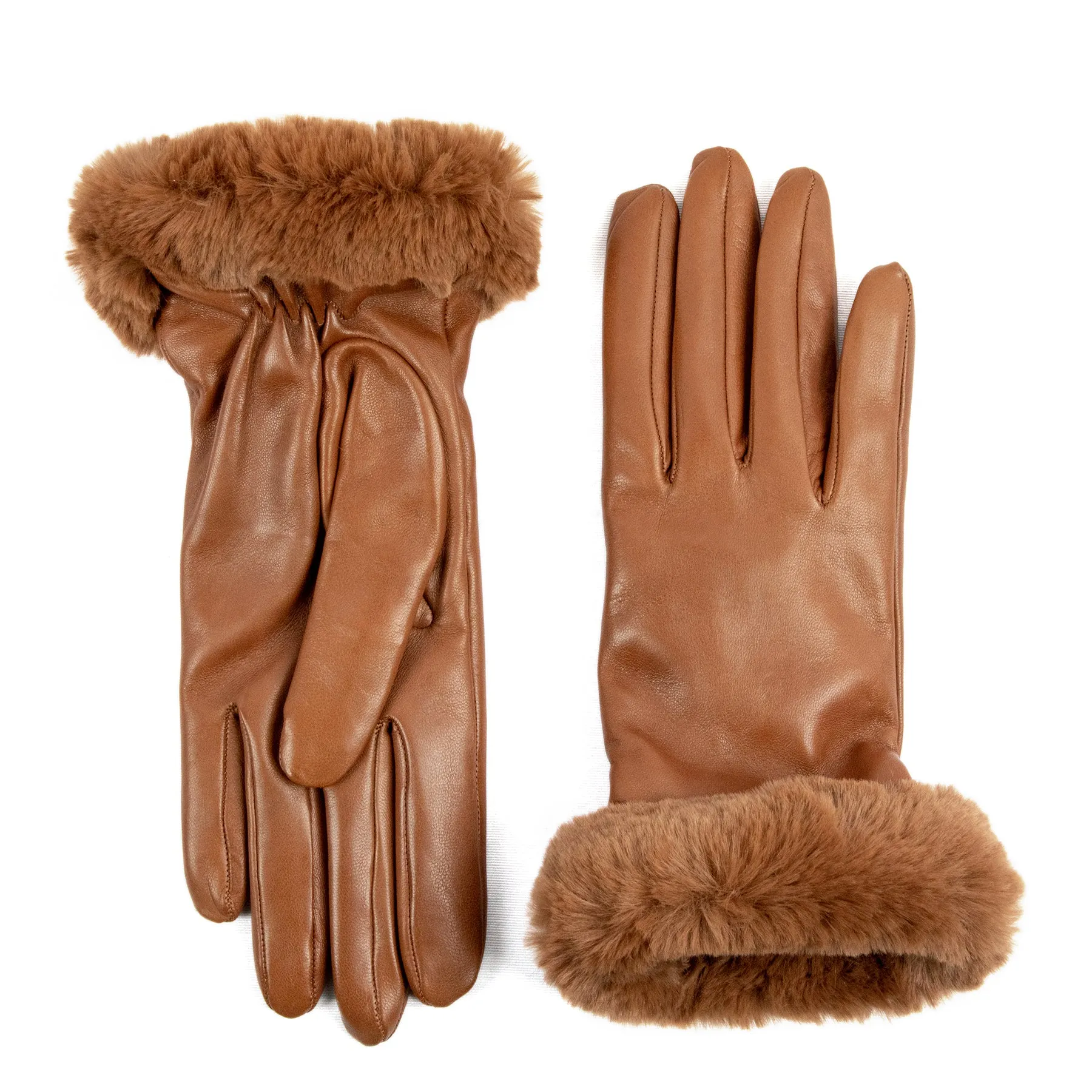 Women's camel nappa leather gloves with faux fur