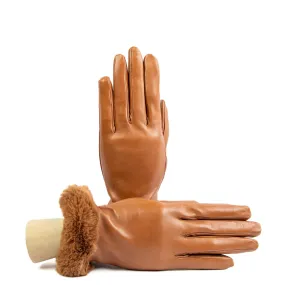 Women's camel nappa leather gloves with faux fur